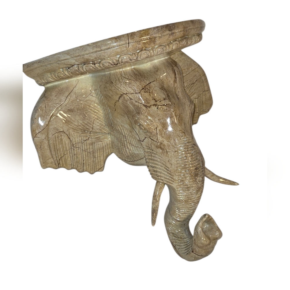 Elephant Head Resin Decorative Wall Shelf Faux Carved Old World Style Tusks NEW - Picture 2 of 9
